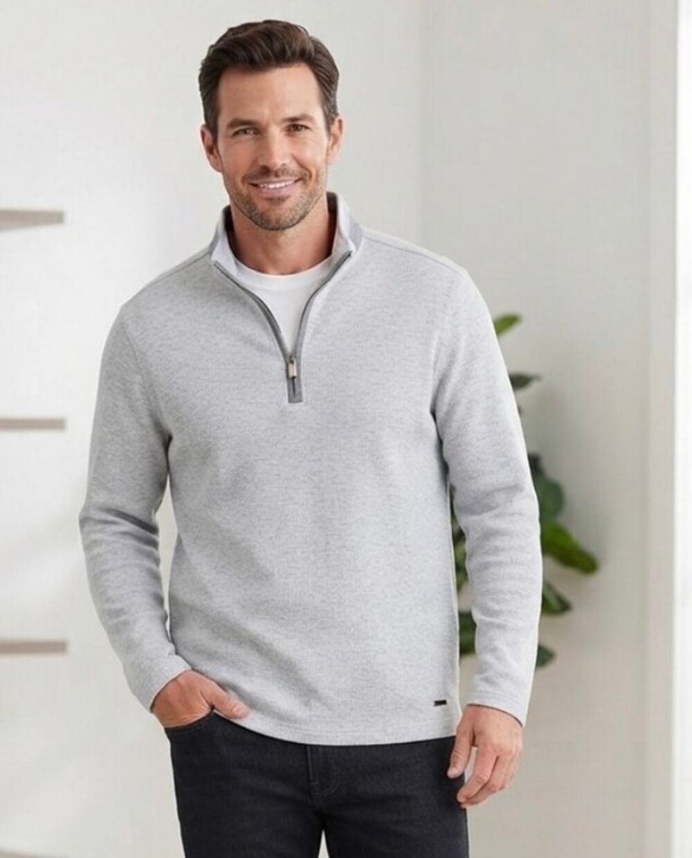 Bugatchi $168 Houndstooth Performance Quarter Zip Cement Gray Size XXL